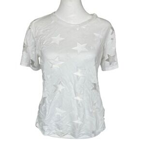Womens Y2K Celestial‎ Angelcore Star Cutout Mesh Sheer Tee White Medium Etherial